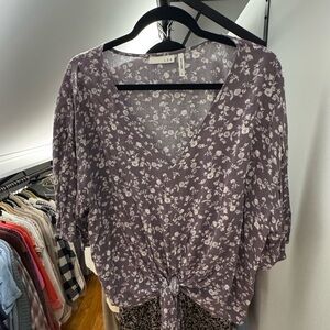 Lush Floral Tie-Front Blouse - Lavender